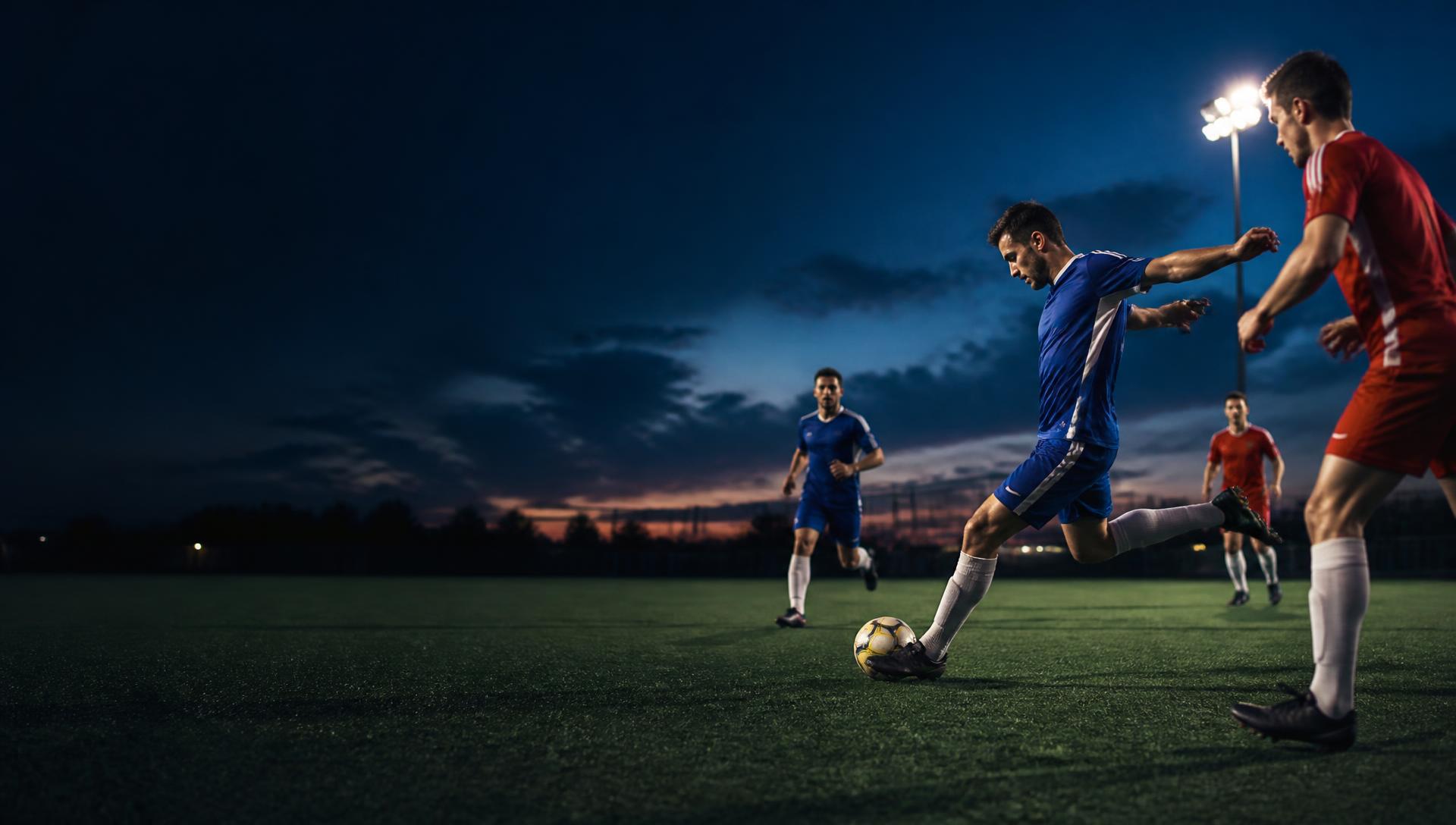Footballers competing for the ball under floodlights at dusk